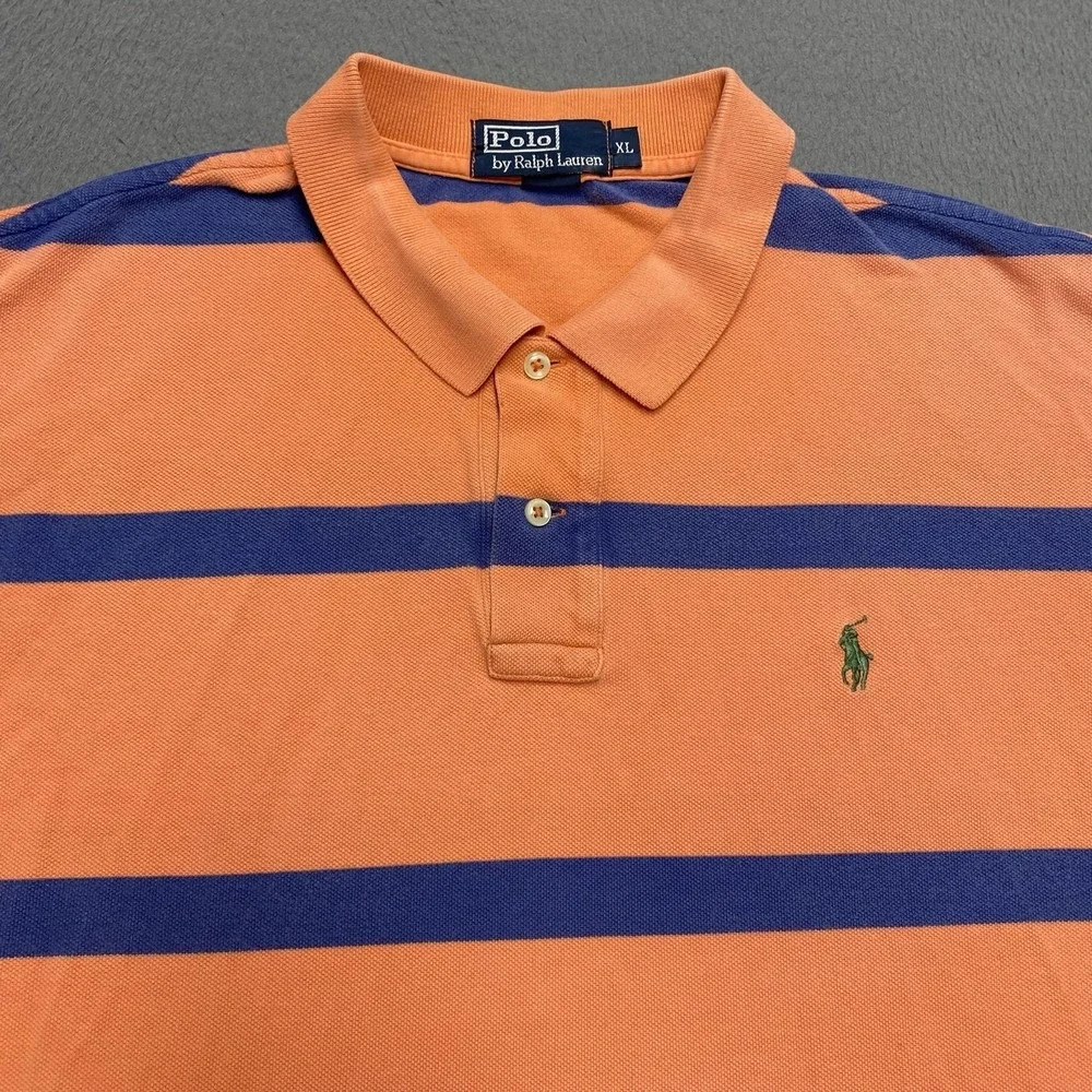 Polo Ralph Lauren Polo Shirt Mens XL Orange Blue Stripe 100% Cotton Pony Logo